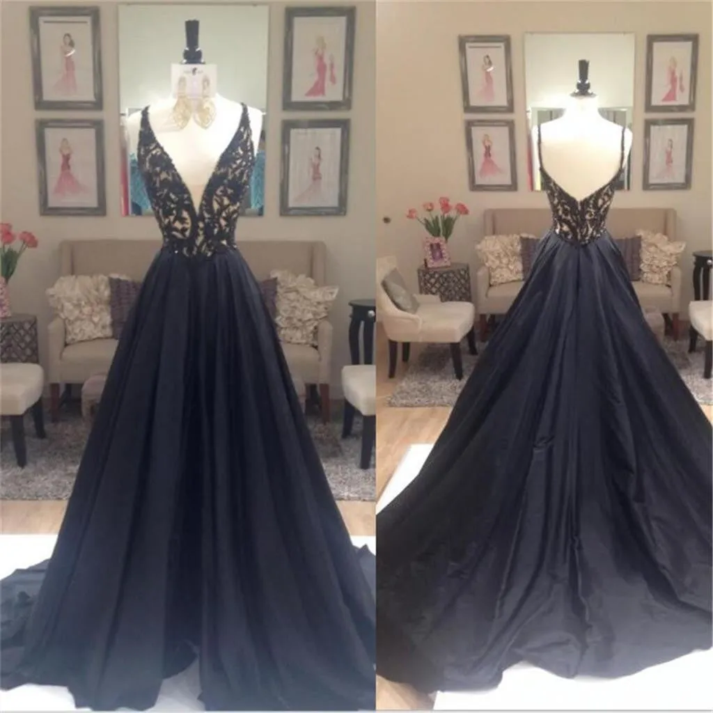 Popular A-line Deep V-neck Spaghetti Strap Black Lace Prom Dresses,PD0198