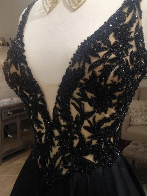 Popular A-line Deep V-neck Spaghetti Strap Black Lace Prom Dresses,PD0198