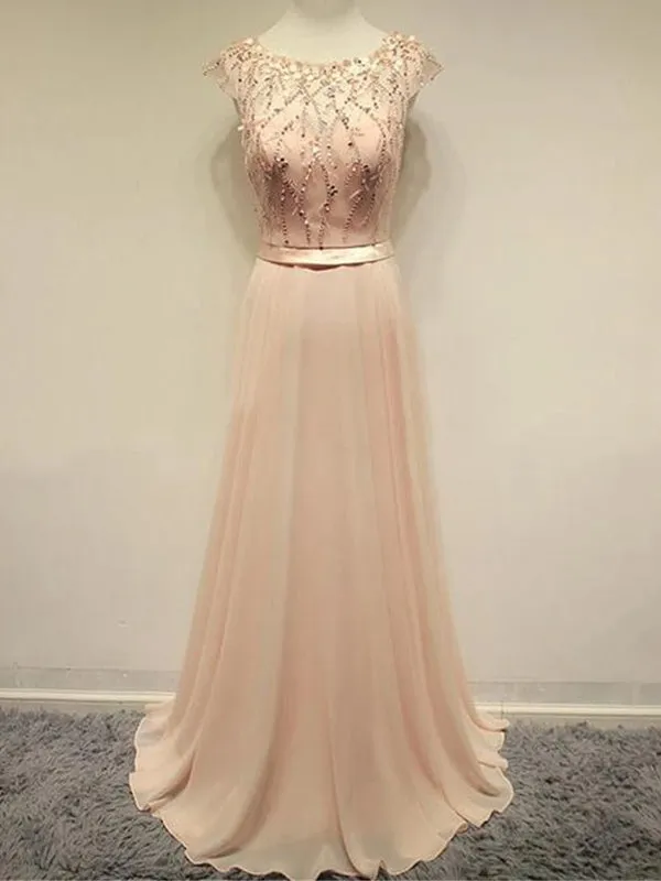 Popular Blush Pink Cap Sleeve Chiffon Beading Lovely Round Neck Evening Party Prom Dress. PD0194