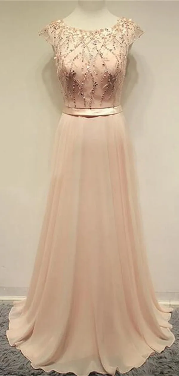 Popular Blush Pink Cap Sleeve Chiffon Beading Lovely Round Neck Evening Party Prom Dress. PD0194