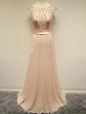 Popular Blush Pink Cap Sleeve Chiffon Beading Lovely Round Neck Evening Party Prom Dress. PD0194