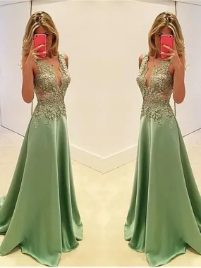 Popular Deep V-neck A-line Appliques Sexy Sleeveless Party Prom Dresses.PD0160