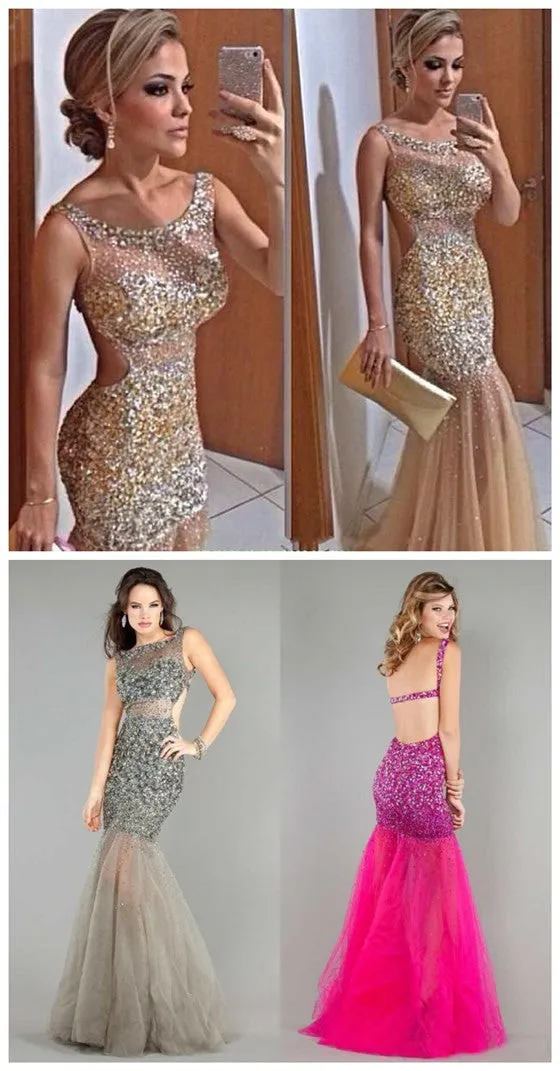 Popular Sparkly Rhinestone Mermaid Sleeveless Evening Party Long Prom Dresses,PD0100