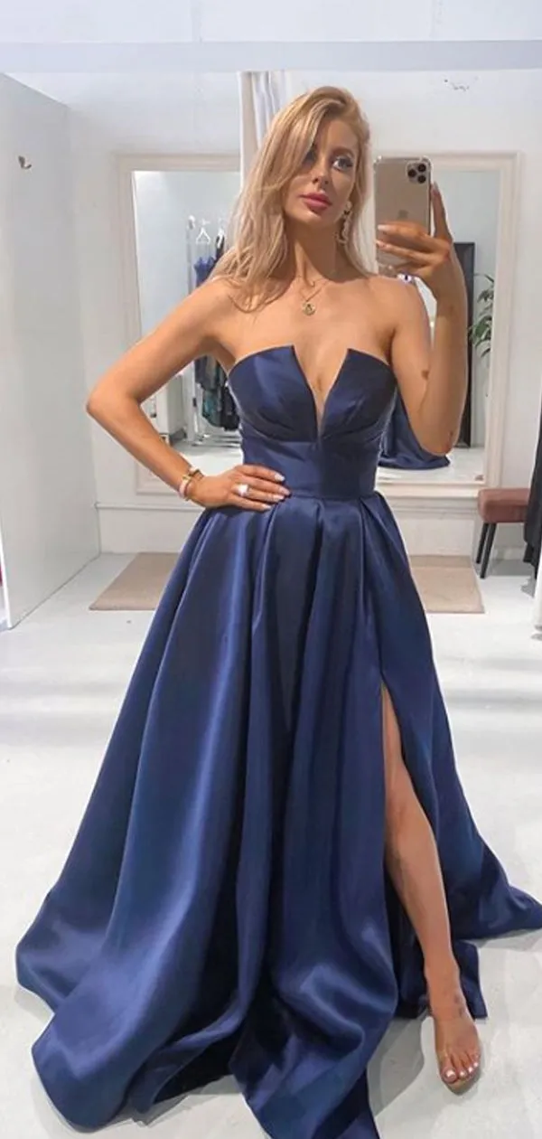 Popular Sweetheart Side Slit A-line Satin Long Prom Dresses,PD0133