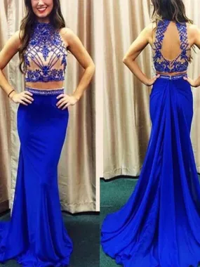 Popular Two Pieces High Neck Royal Blue Beading Mermaid Open Back Vintage Long Prom Dresses. DB0060