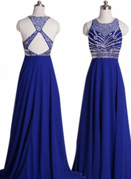 Pretty Crew Neck Beaded Back Prom Dress-Floor-length Chiffon Royal Blue Evening Dress, Prom Dresses