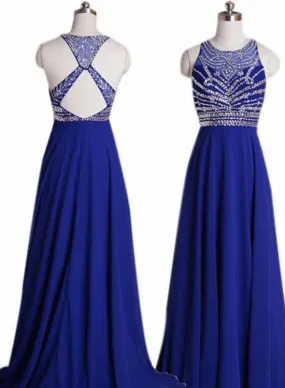 Pretty Crew Neck Beaded Back Prom Dress-Floor-length Chiffon Royal Blue Evening Dress, Prom Dresses