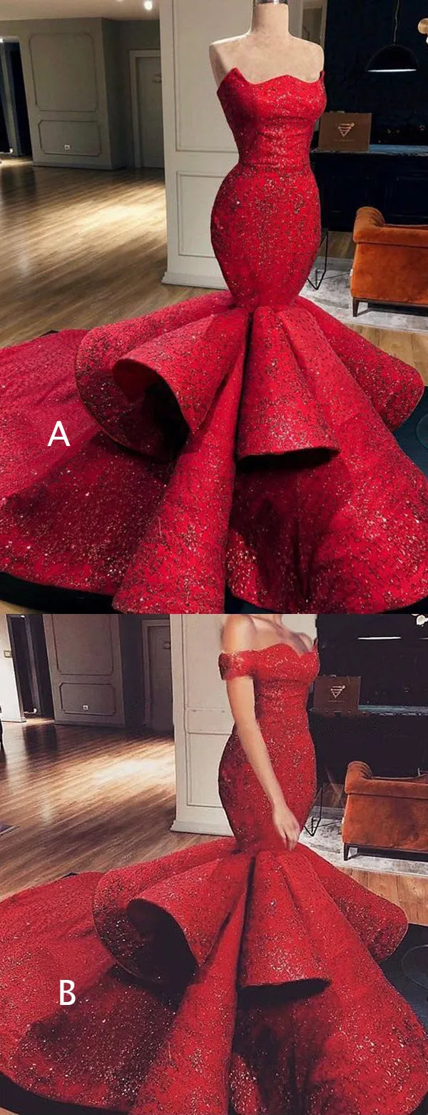 Red Beading Satin Tiered Mermaid Strapless Prom Dresses, DB1090