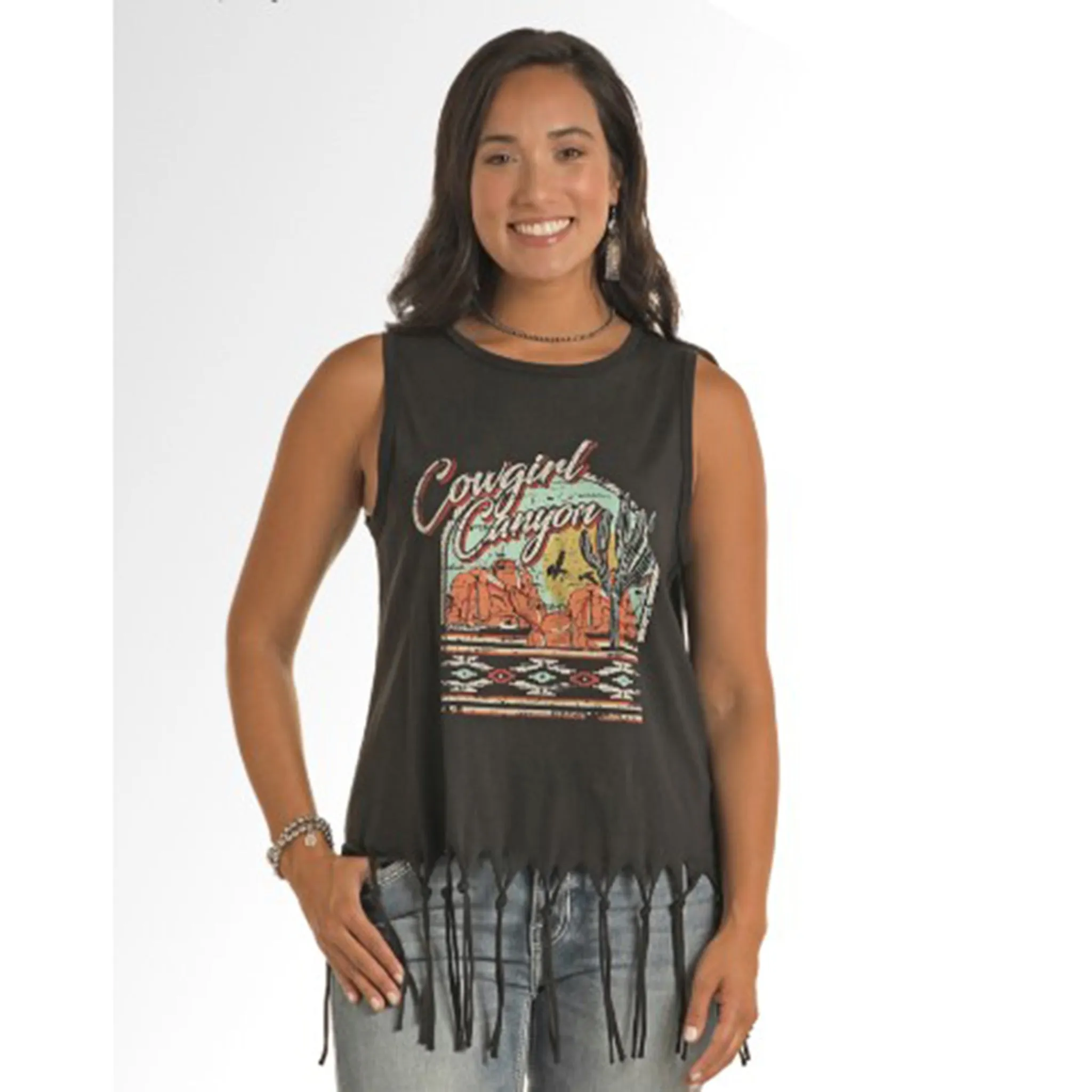 Rock & Roll Black Cowgirl Canyon Fringe Tank