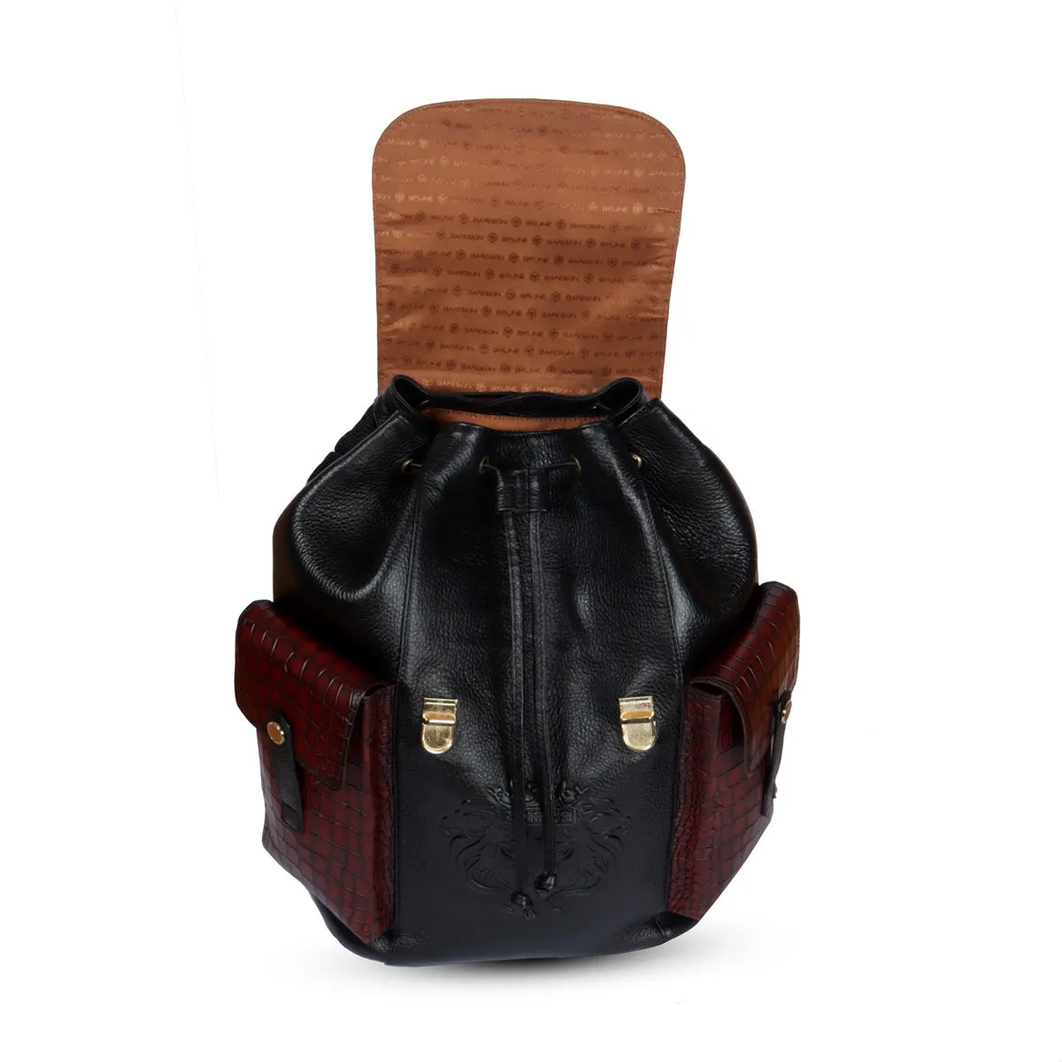 Rugsack Buckled Strap Backpack With Contrasting Black and Cognac Deep Cut Leather