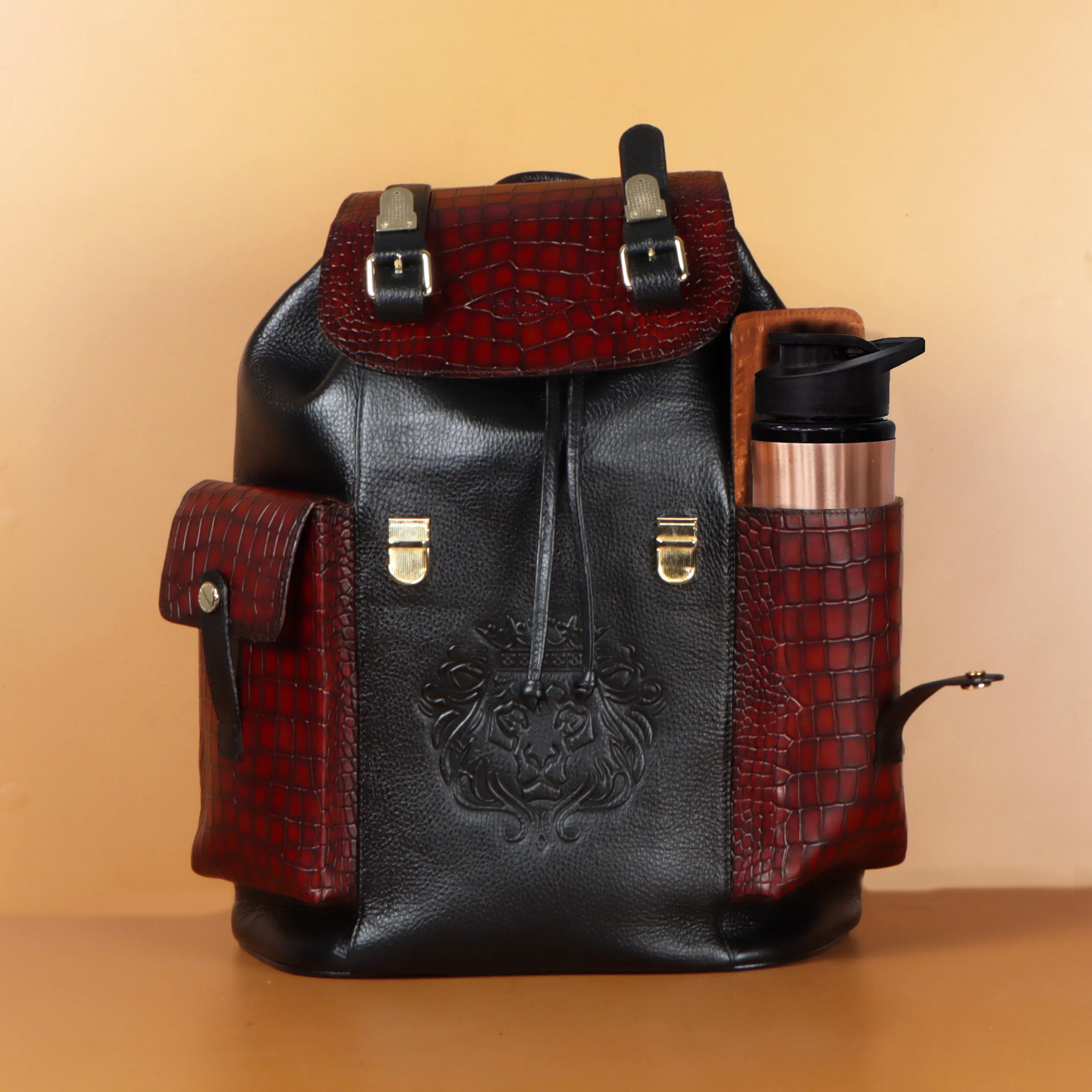 Rugsack Buckled Strap Backpack With Contrasting Black and Cognac Deep Cut Leather