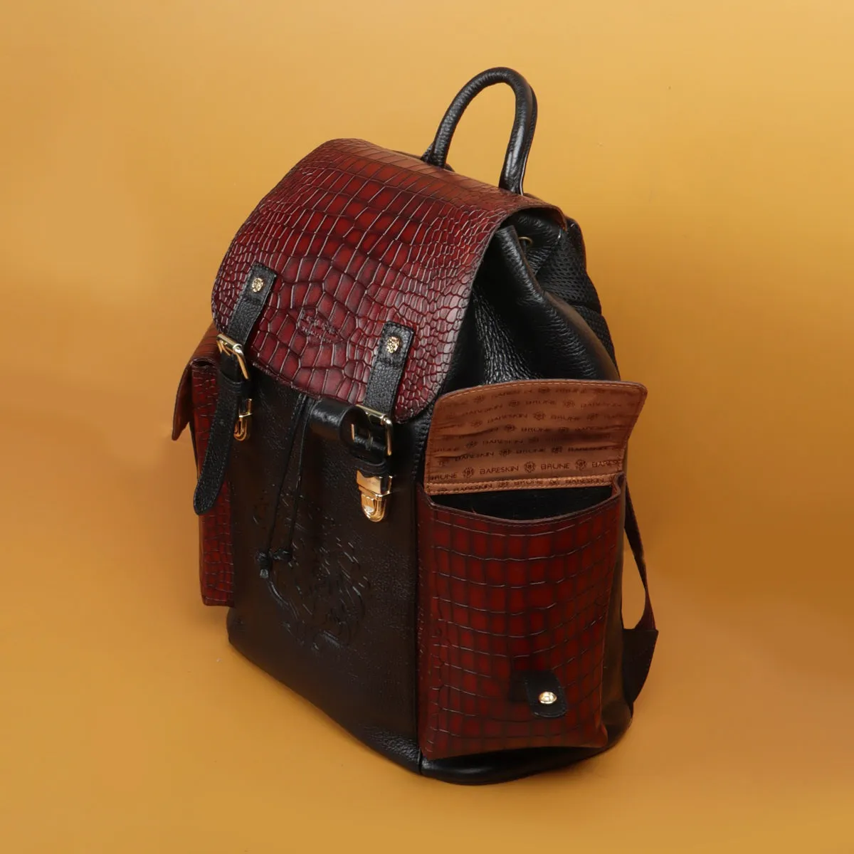 Rugsack Buckled Strap Backpack With Contrasting Black and Cognac Deep Cut Leather