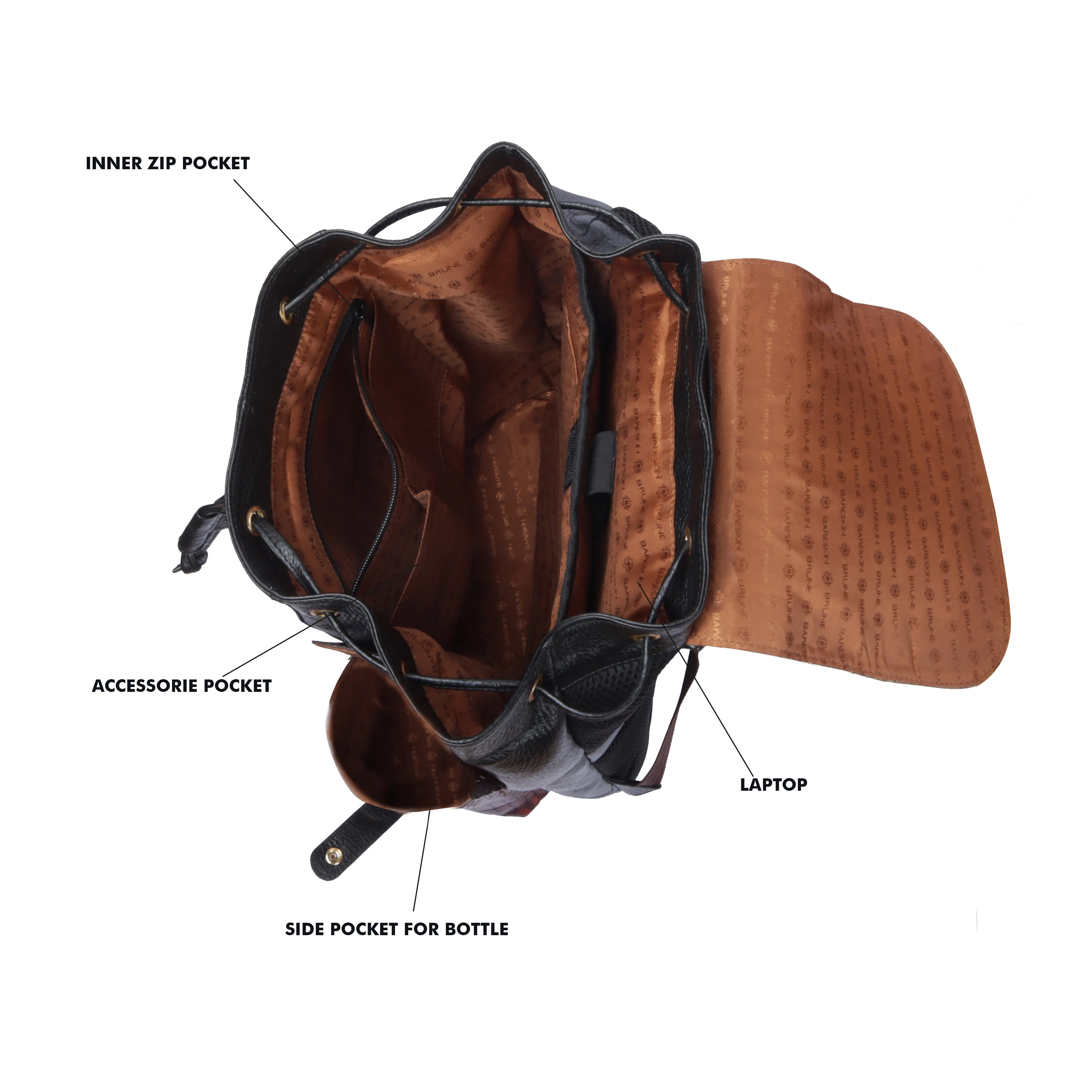 Rugsack Buckled Strap Backpack With Contrasting Black and Cognac Deep Cut Leather