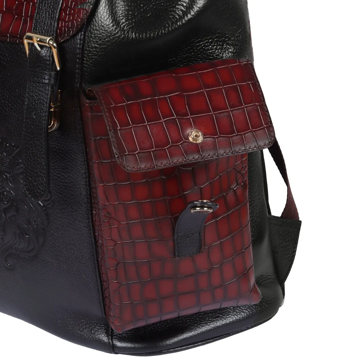 Rugsack Buckled Strap Backpack With Contrasting Black and Cognac Deep Cut Leather