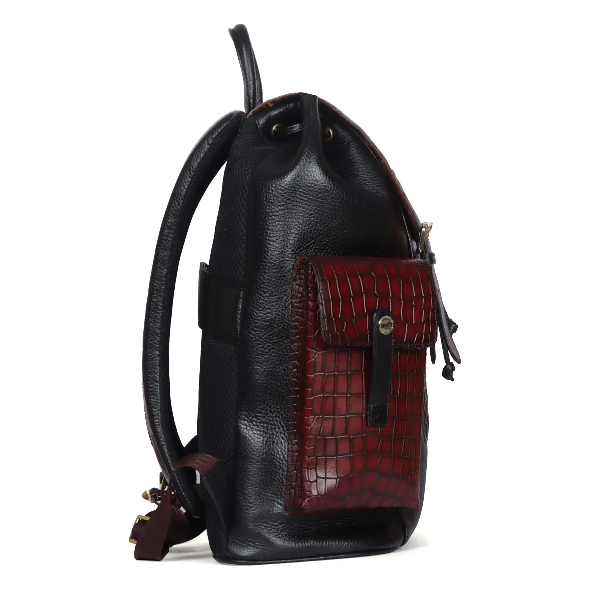 Rugsack Buckled Strap Backpack With Contrasting Black and Cognac Deep Cut Leather