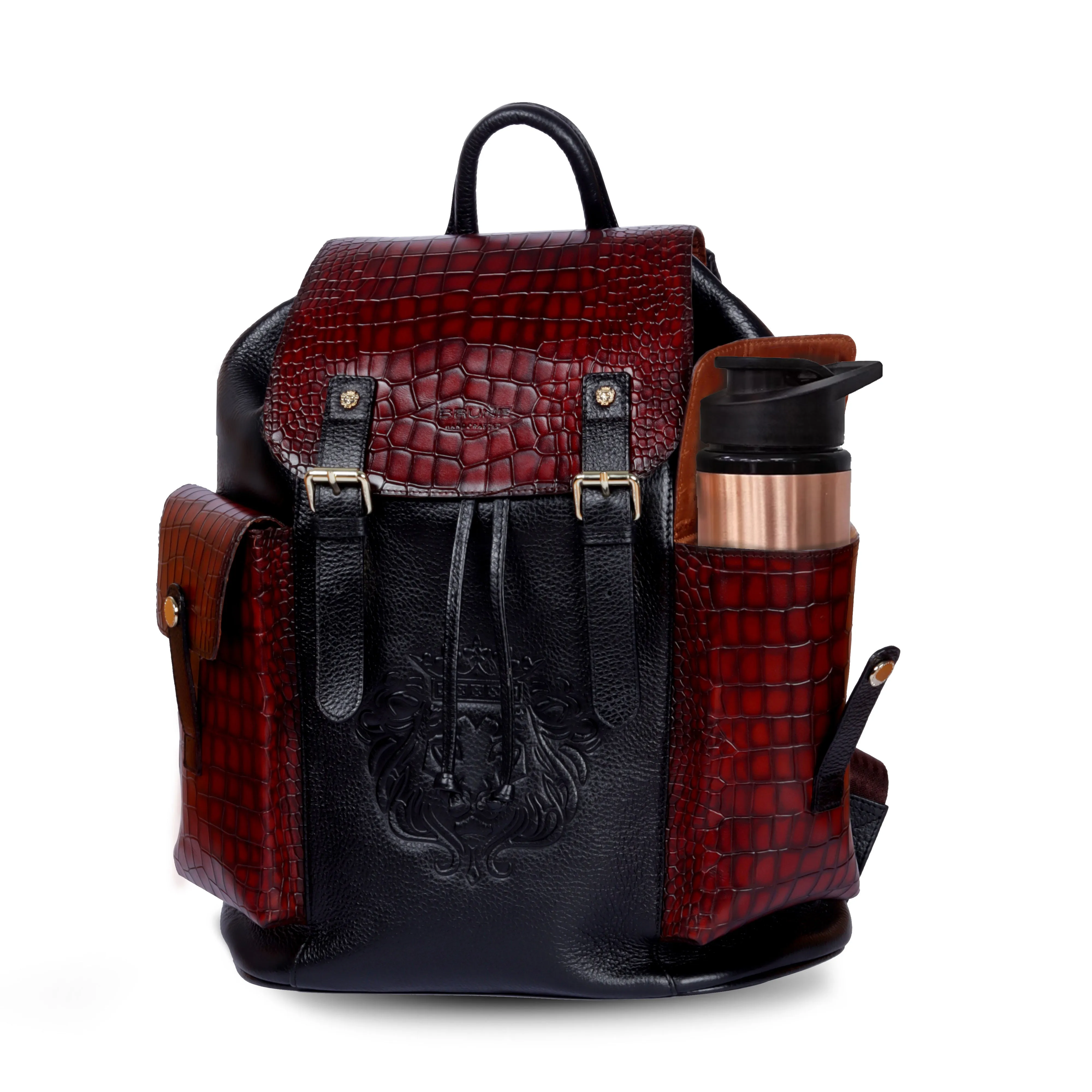 Rugsack Buckled Strap Backpack With Contrasting Black and Cognac Deep Cut Leather