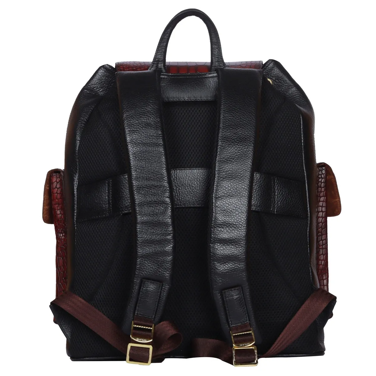 Rugsack Buckled Strap Backpack With Contrasting Black and Cognac Deep Cut Leather