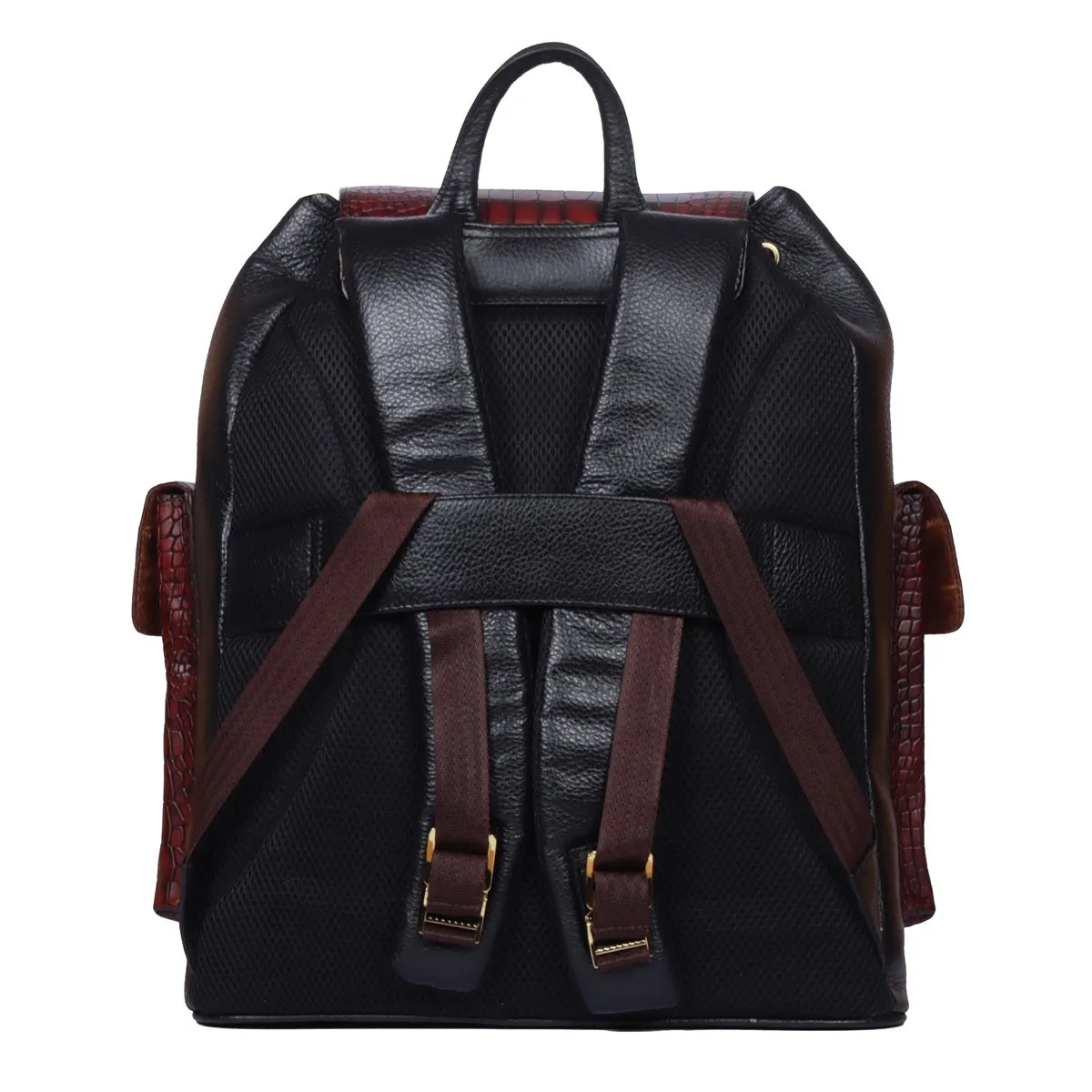 Rugsack Buckled Strap Backpack With Contrasting Black and Cognac Deep Cut Leather