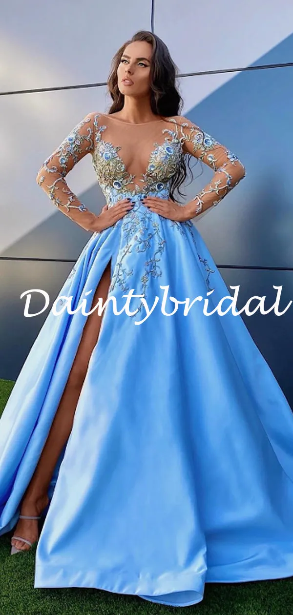 Sexy Blue Satin A-line Side Slit Prom Dresses Evening Dresses.DB10786