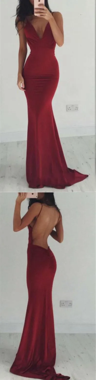 Sexy V-neck Mermaid Spaghetti Straps Burgundy Backless Prom Dresses, PD0161