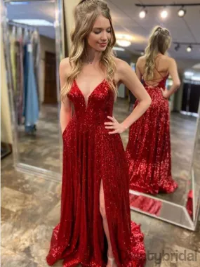 Sexy V-neck Sequin A-line Side Slit Floor Length Long Prom Dresses Evening Dresses.DB10292