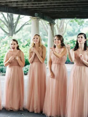 Sexy V-neck Tulle Floor-length Long Bridesmaid Dresses.DB10647