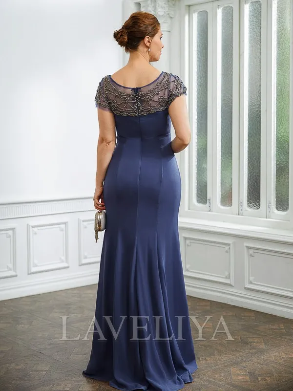 Sheath Bateau Short Sleeves Beading Floor-Length Chiffon Mother of the Bride Dress  #XM230282