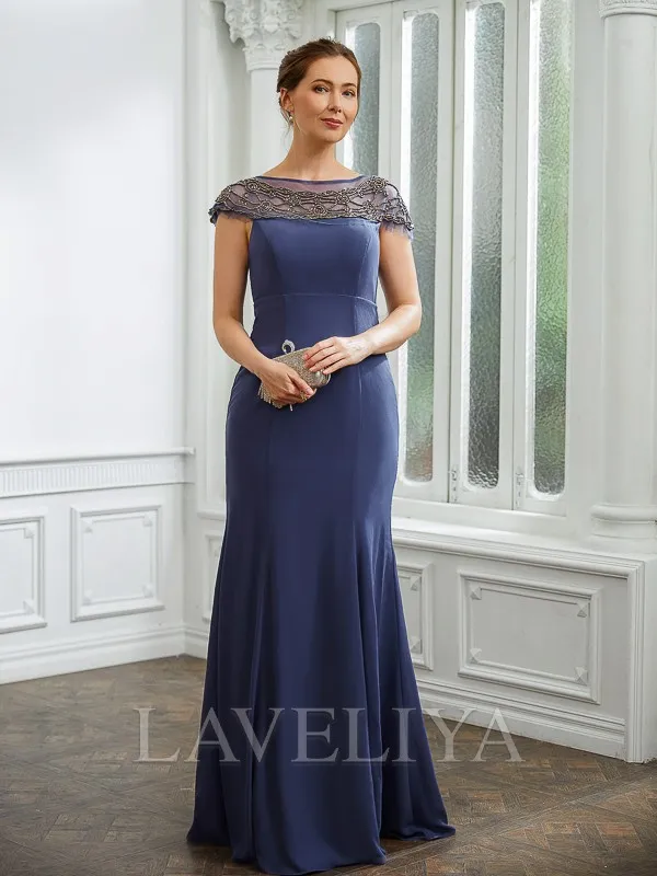 Sheath Bateau Short Sleeves Beading Floor-Length Chiffon Mother of the Bride Dress  #XM230282