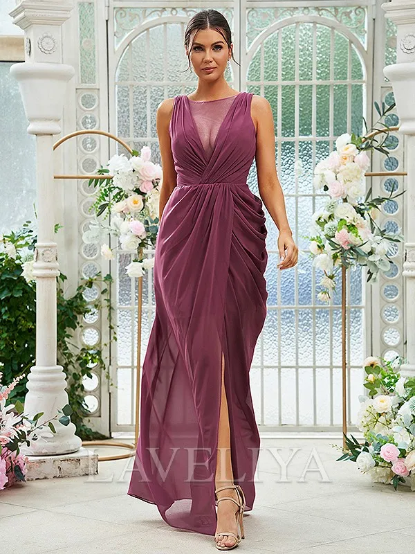 Sheath Scoop Pleated Floor-Length Chiffon Bridesmaid Dress  #ZB230264