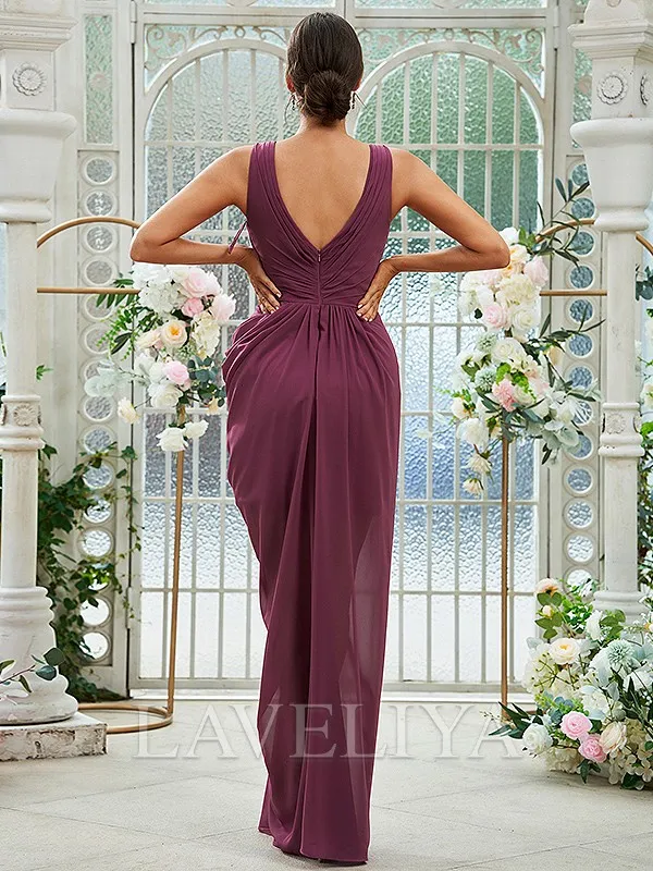 Sheath Scoop Pleated Floor-Length Chiffon Bridesmaid Dress  #ZB230264