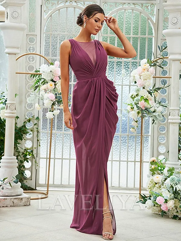 Sheath Scoop Pleated Floor-Length Chiffon Bridesmaid Dress  #ZB230264