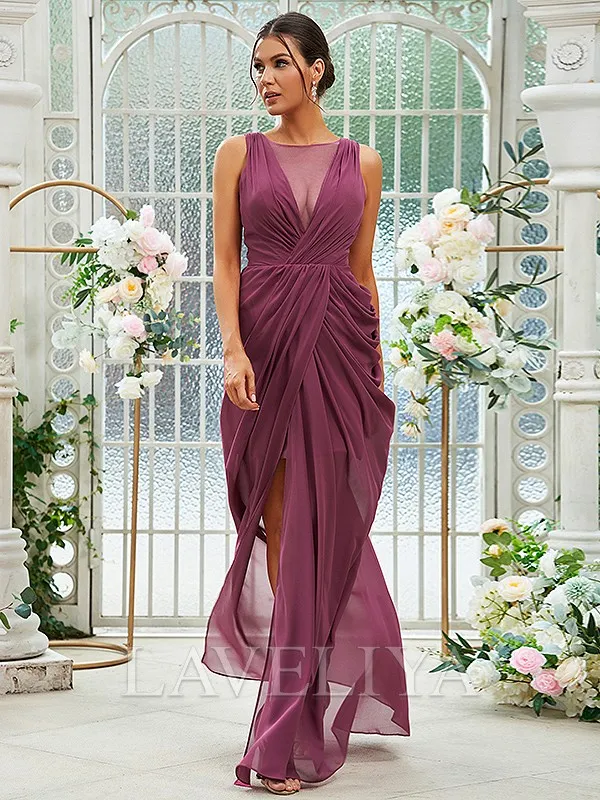 Sheath Scoop Pleated Floor-Length Chiffon Bridesmaid Dress  #ZB230264