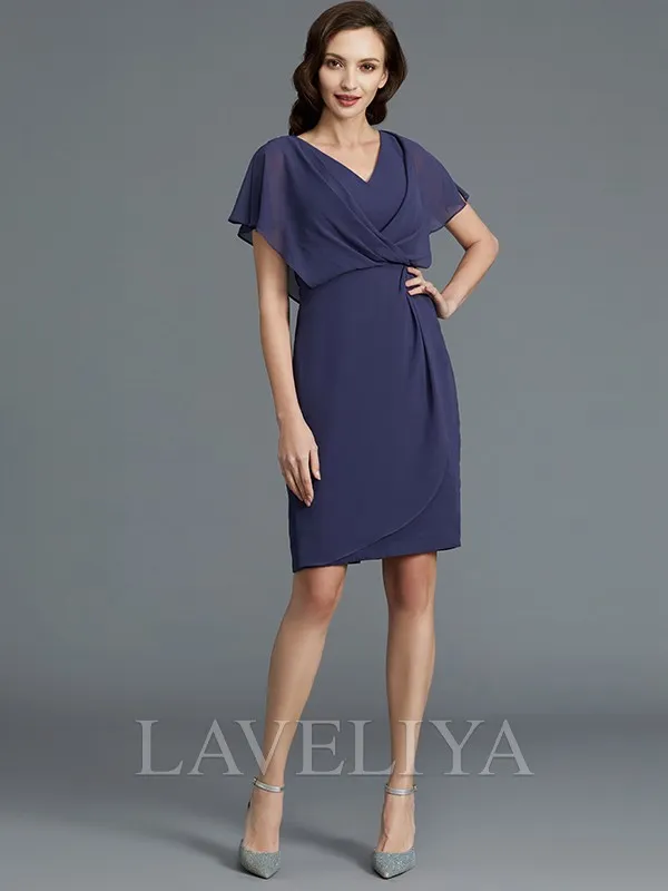 Sheath V-neck Short Sleeves Knee-Length Chiffon Mother of the Bride Dress  #XM230201