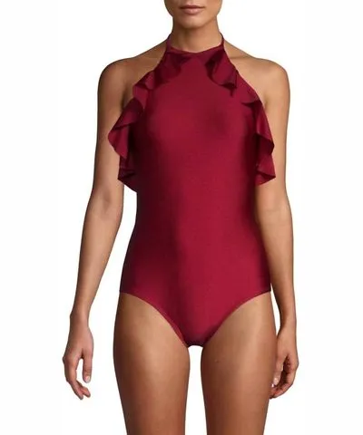 Shoshanna Ruffle Halter One Piece Swimsuit In Syrah