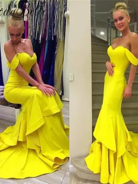 Simple Long Yellow Ruffles Mermaid Off Shoulder Sweetheart Evening Party Gown  Prom Dresses,PD0162