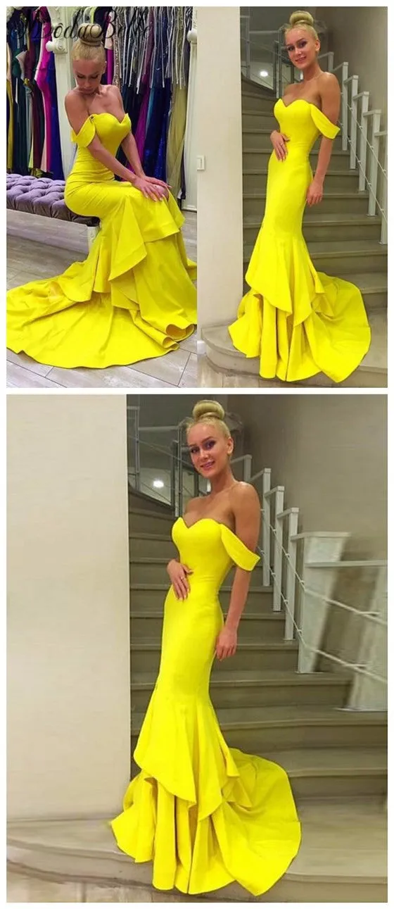 Simple Long Yellow Ruffles Mermaid Off Shoulder Sweetheart Evening Party Gown  Prom Dresses,PD0162