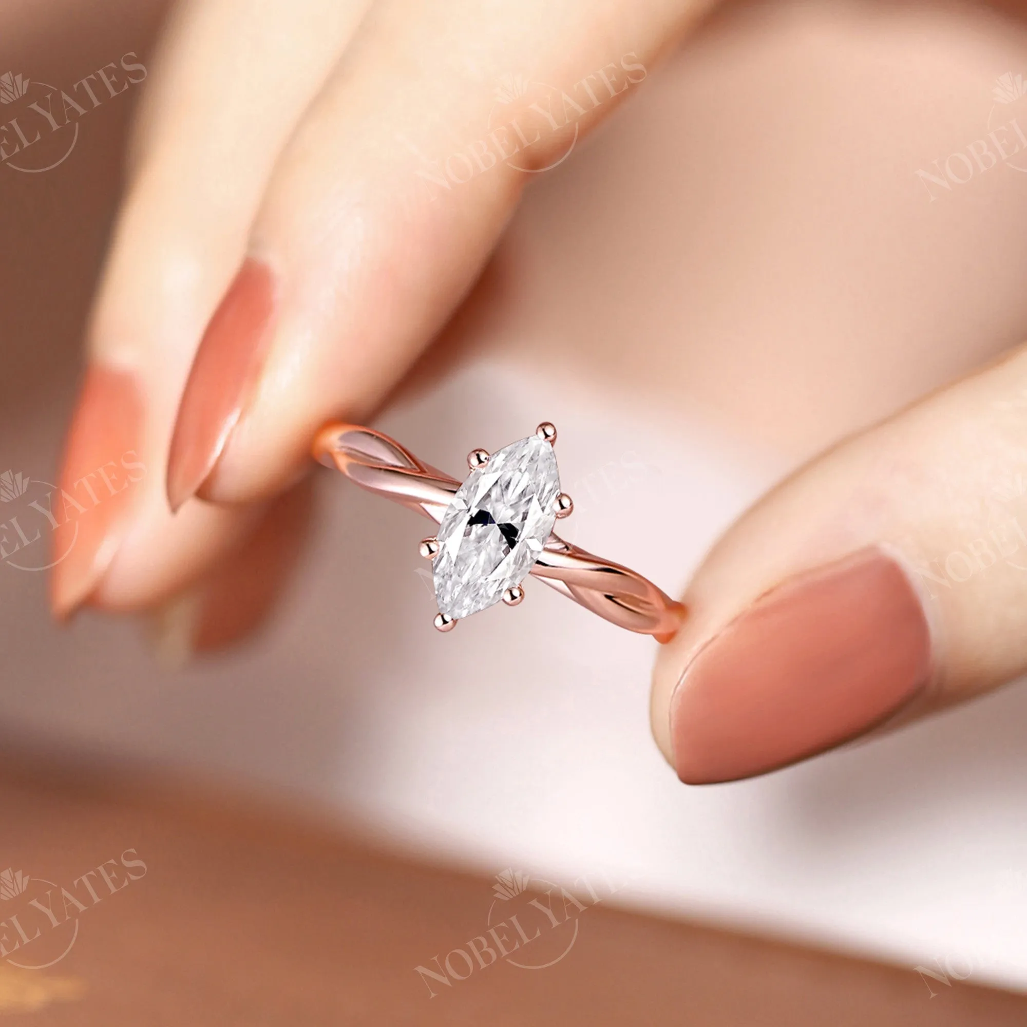 Solitaire Marquise Moissanite Twist Engagement Ring Rose Gold