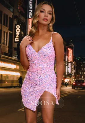 Spaghetti Straps Sequins Short Homecoming Dress Tight Graduation Dress