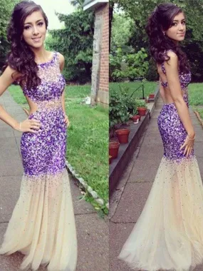 Sparkly Purple Mermaid Scoop Neck Sleeveless Evening Prom Dresses,PD0101