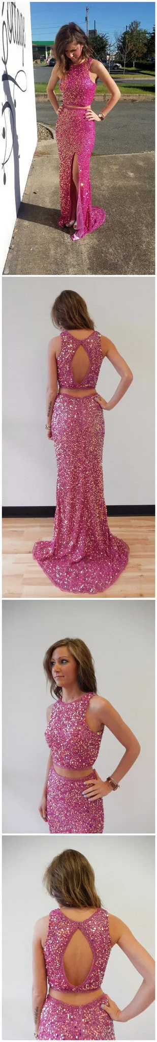 Sparkly Split Side Open Back Sleeveless Evening Party Prom Dresses, PD0180