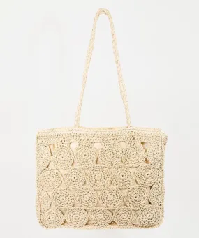 Square Braided Pattern Straw Tote Bag - Ivory