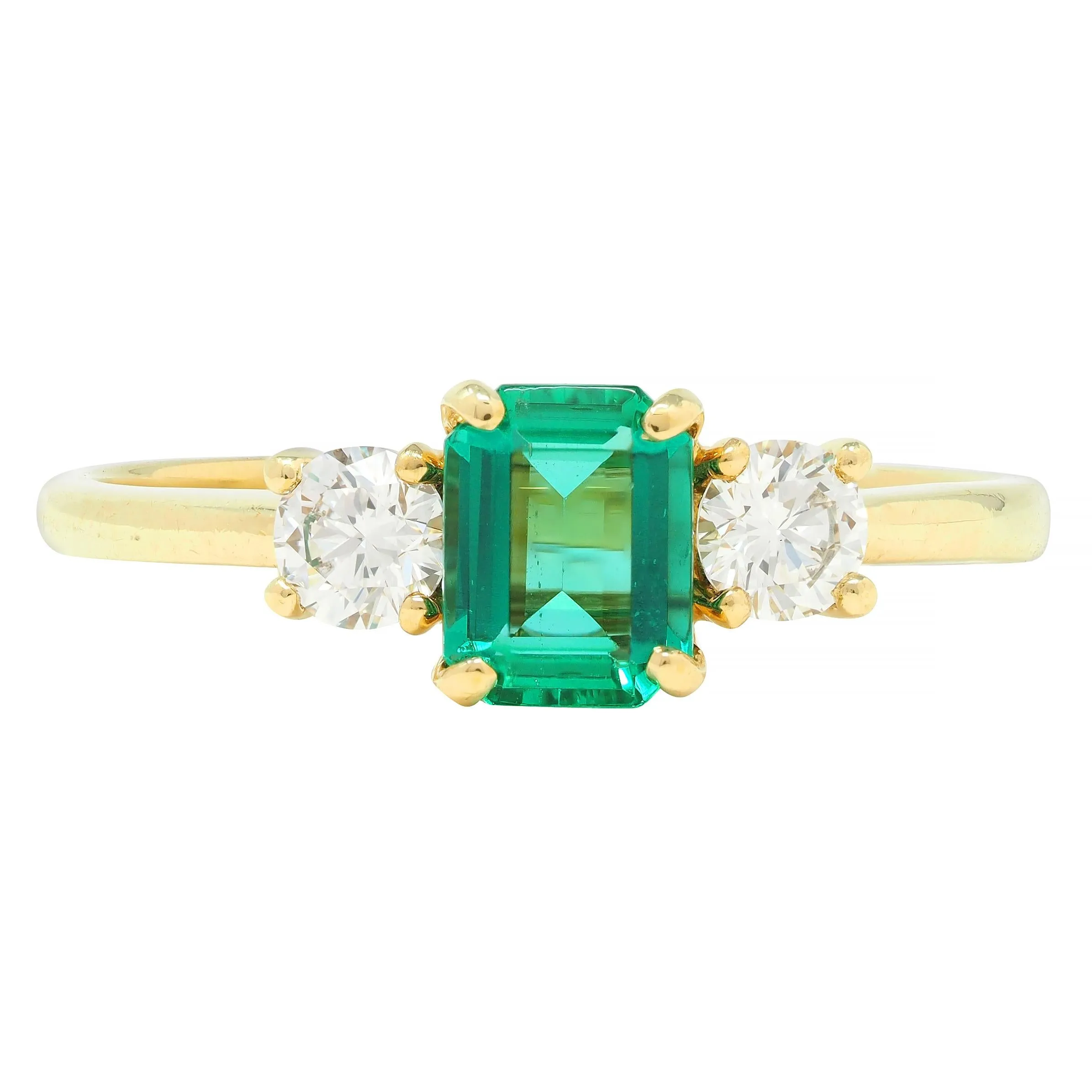 Suna 1990s 1.23 CTW No Oil Emerald Diamond 18 Karat Yellow Gold Ring GIA