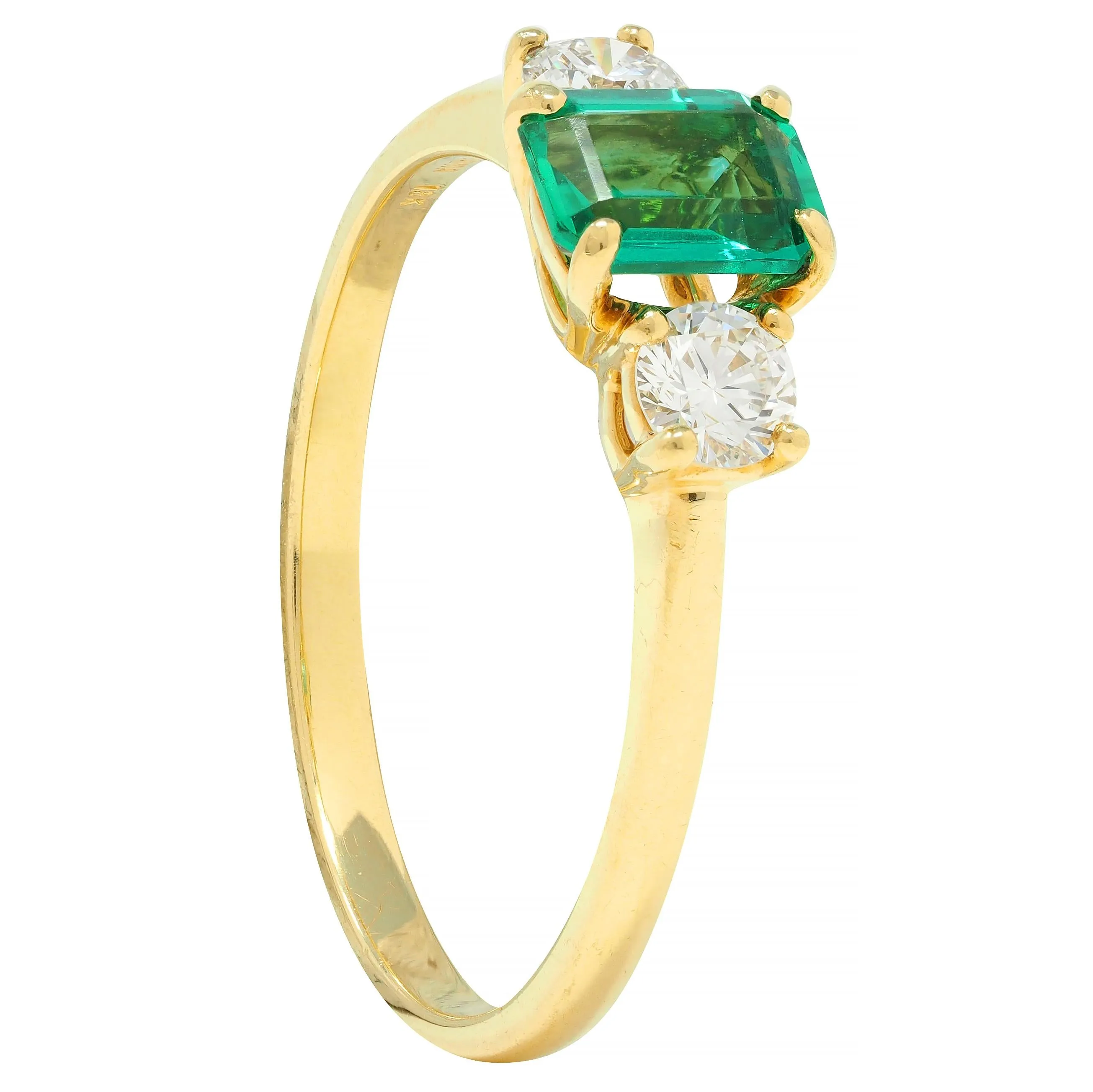 Suna 1990s 1.23 CTW No Oil Emerald Diamond 18 Karat Yellow Gold Ring GIA