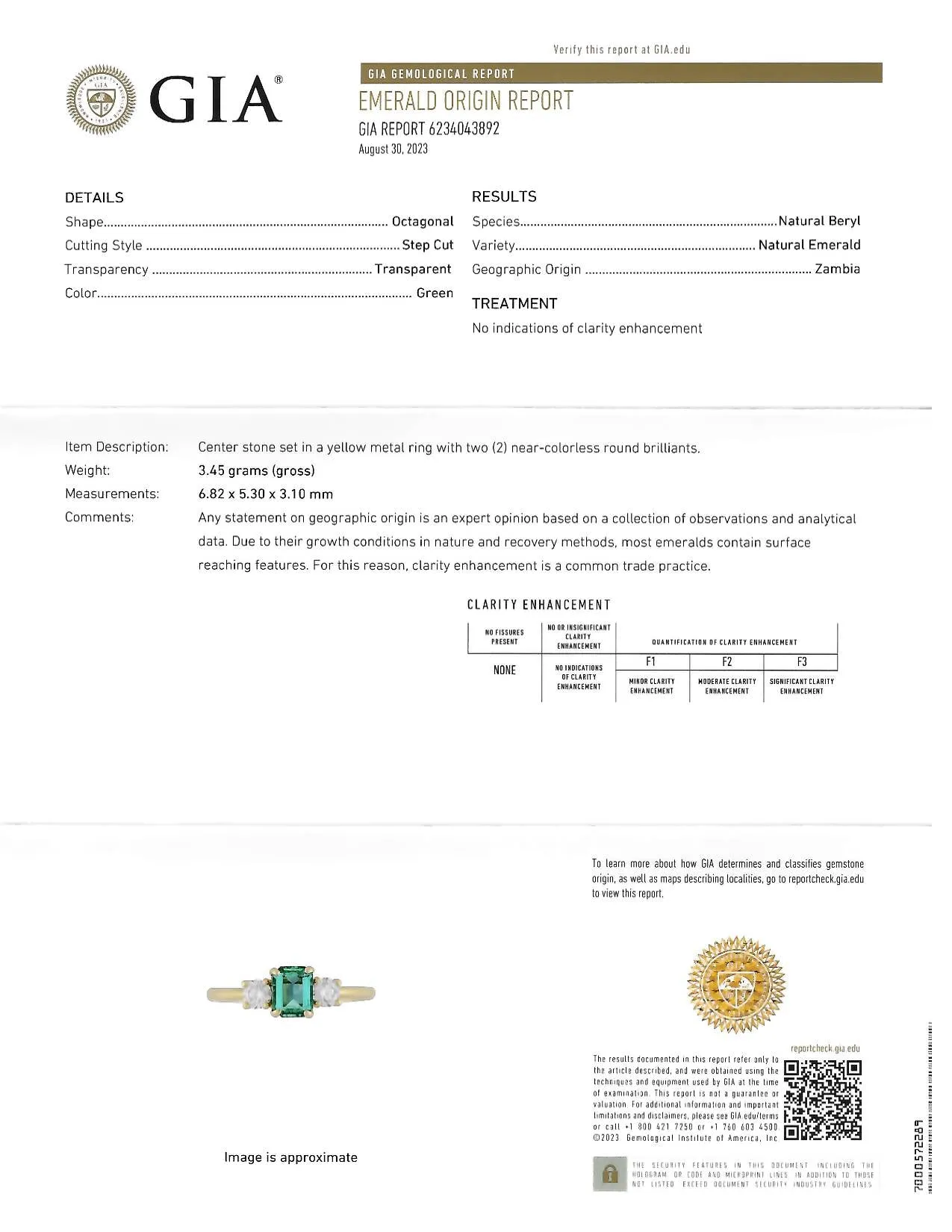 Suna 1990s 1.23 CTW No Oil Emerald Diamond 18 Karat Yellow Gold Ring GIA