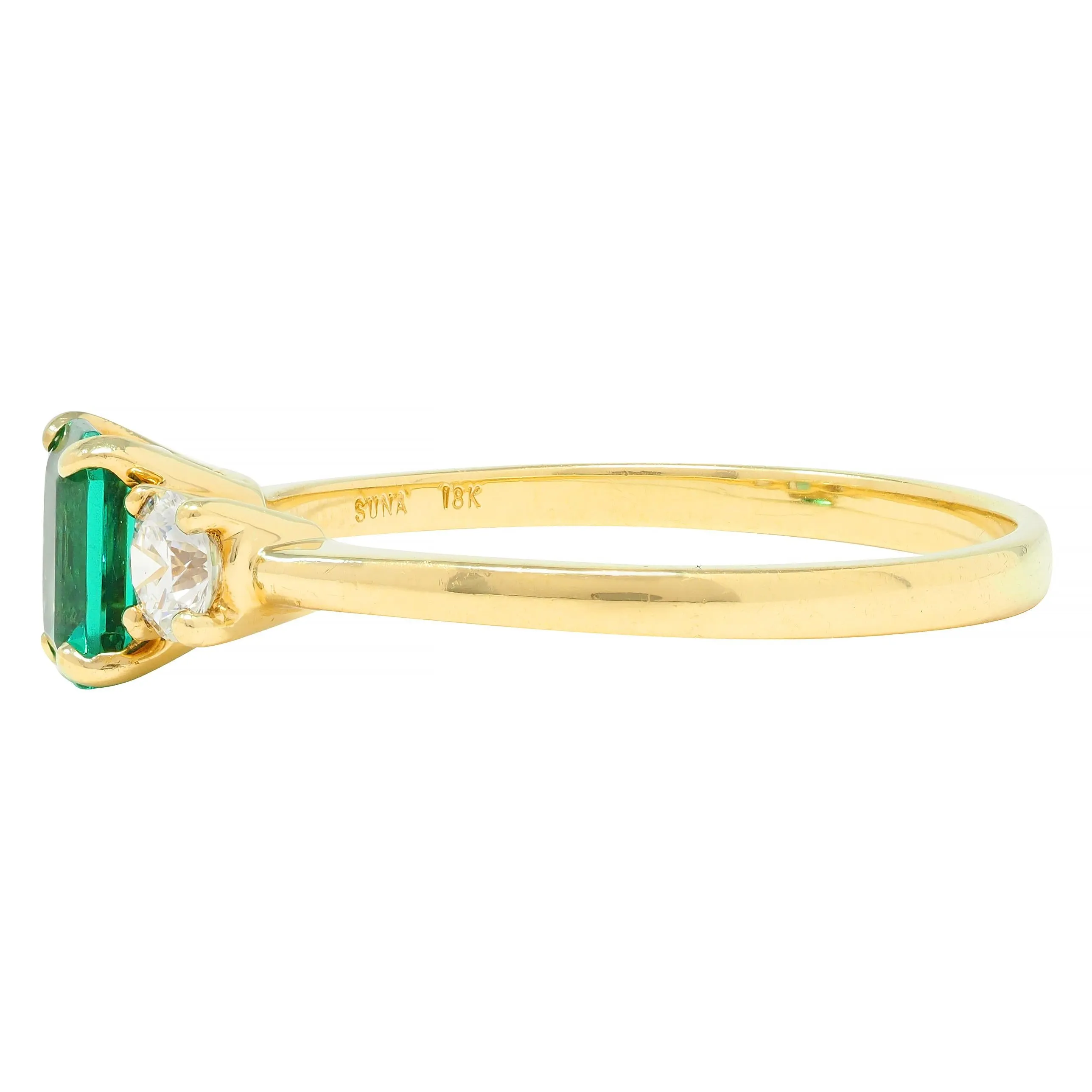 Suna 1990s 1.23 CTW No Oil Emerald Diamond 18 Karat Yellow Gold Ring GIA