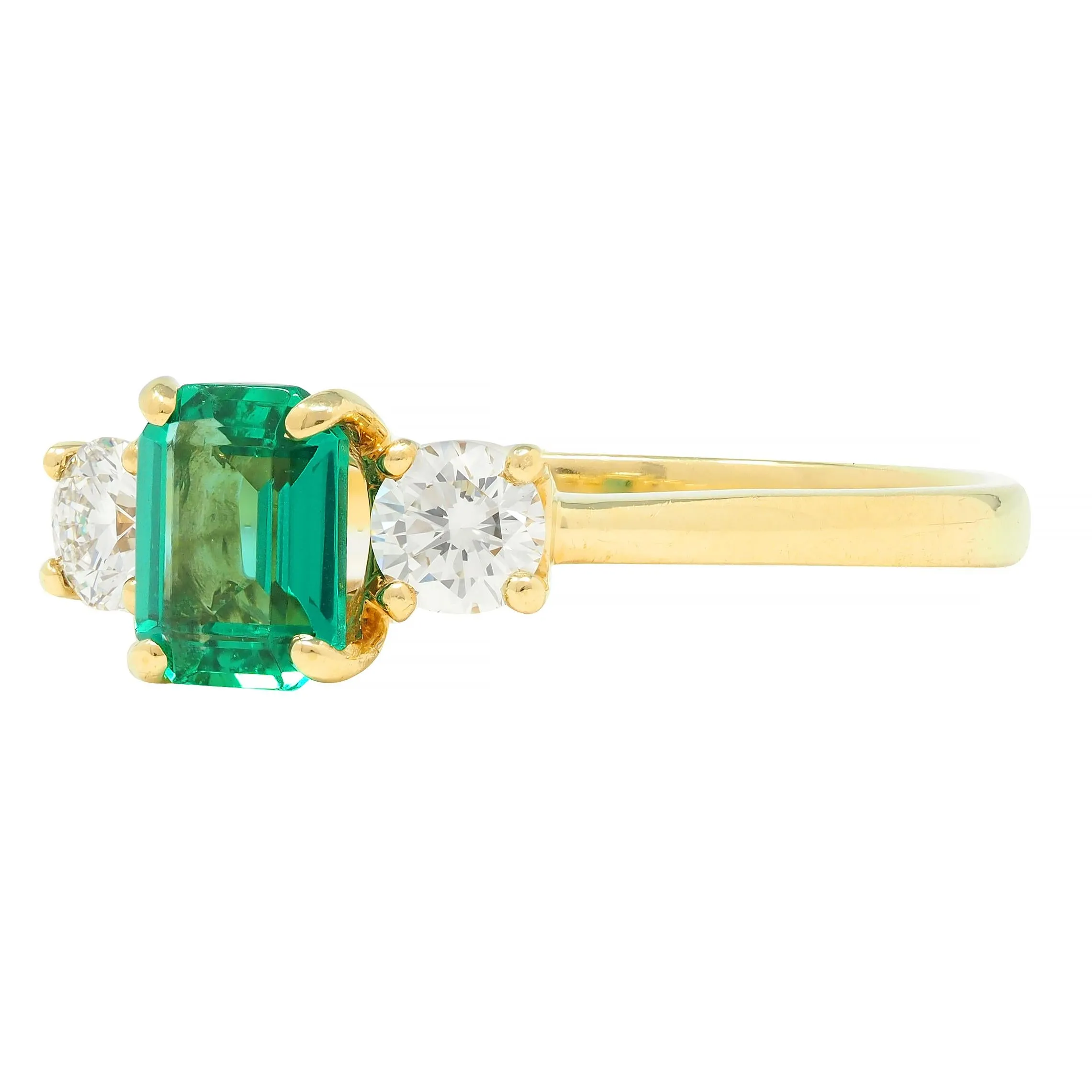 Suna 1990s 1.23 CTW No Oil Emerald Diamond 18 Karat Yellow Gold Ring GIA