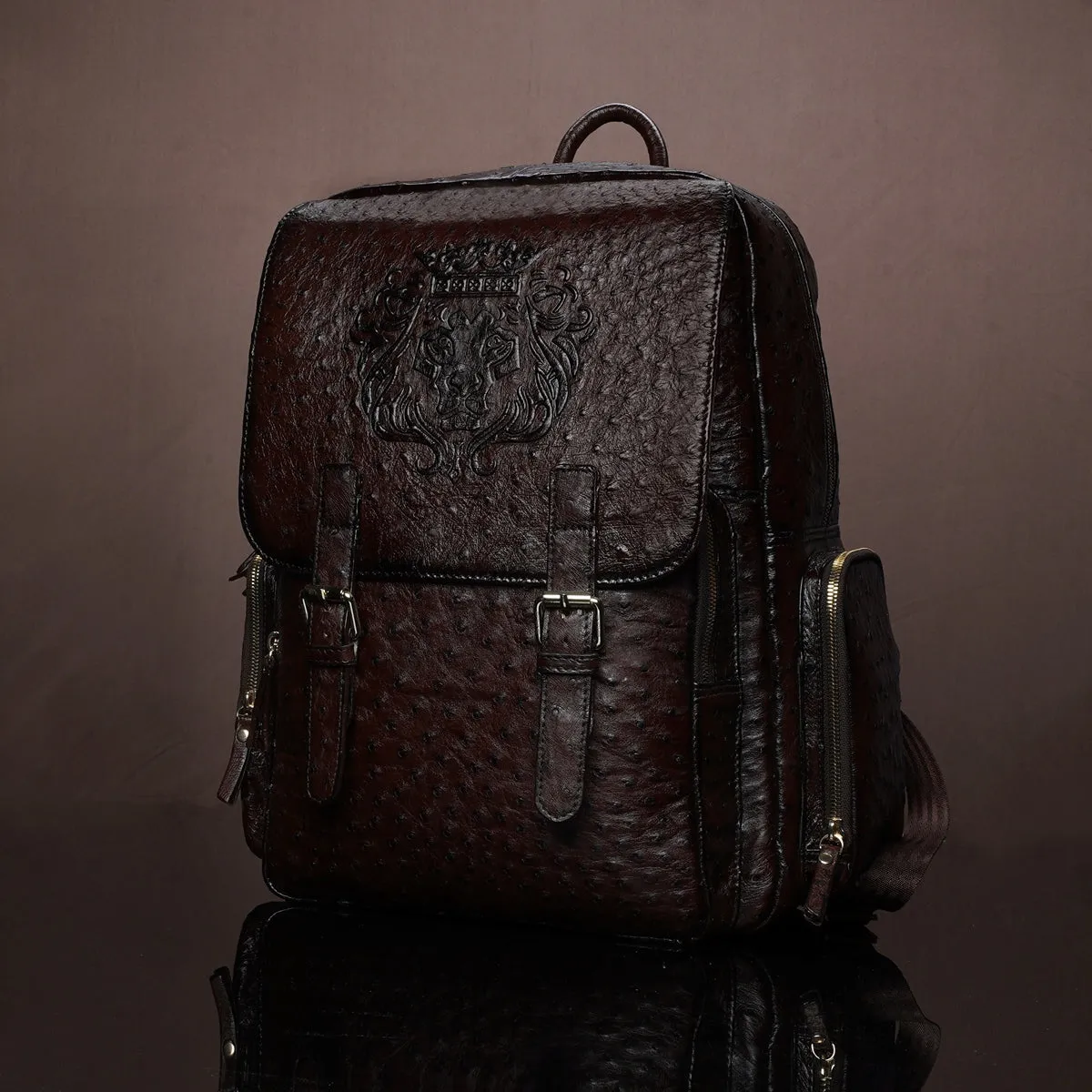 Travel Backpack Premium Authentic Ostrich Leather With Flap Over Embossed Lion Logo