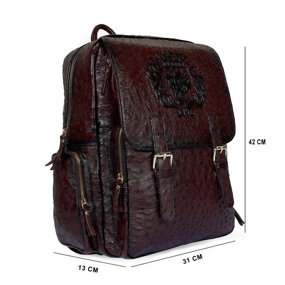 Travel Backpack Premium Authentic Ostrich Leather With Flap Over Embossed Lion Logo