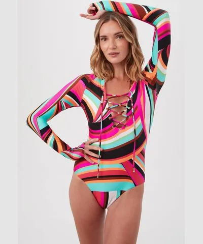 Trina Turk Swoop Long-Sleeve One-Piece Swimsuit With Lace-Up V-Neckline / Multi S