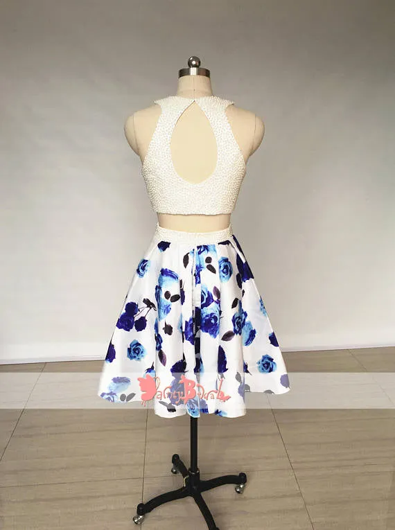 Two Piece Ivory Beads Top Floral Prints Open Back Junior Homecoming Dresses,BD0163